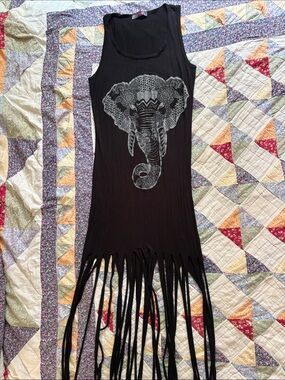 Body Central Black Maxi Dress with Silver Elephant Graphic